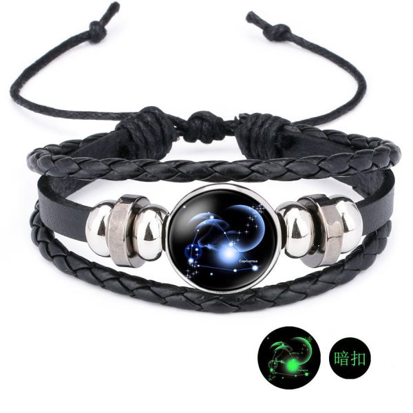 12 Zodiac Constellation Luminous Time Gemstone Leather Bracelet Punk Chain Cuff Sale