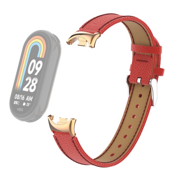 For Xiaomi Smart Band 8 Genuine Cow Leather Watch Band Litchi Texture Watch Strap with Connector Online now