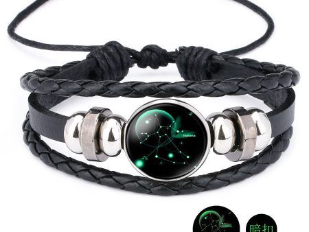 12 Zodiac Constellation Luminous Time Gemstone Leather Bracelet Punk Chain Cuff Sale