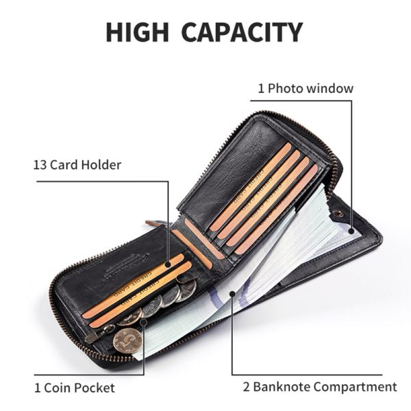 GUBINTU Top Layer Cowhide Leather Zipper Men Folding Wallet RFID Blocking Cards Cash Carrying Bag Sale