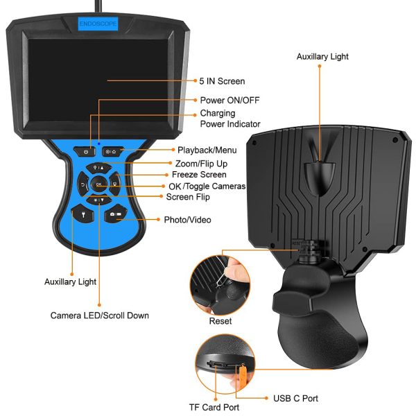 M50 Industrial Endoscope Camera 1m Hard Wire 5   IPS Screen 7-LED Inspection Borescope 5mm Dual-lens Cheap