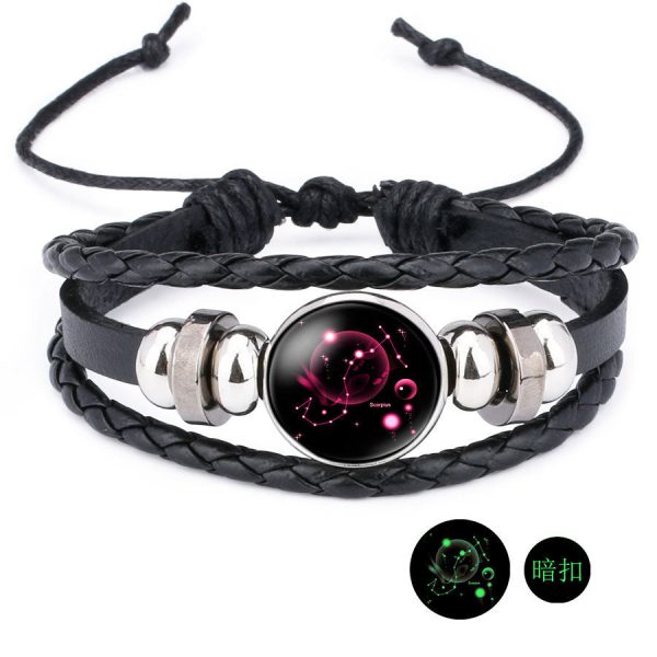 12 Zodiac Constellation Luminous Time Gemstone Leather Bracelet Punk Chain Cuff Sale