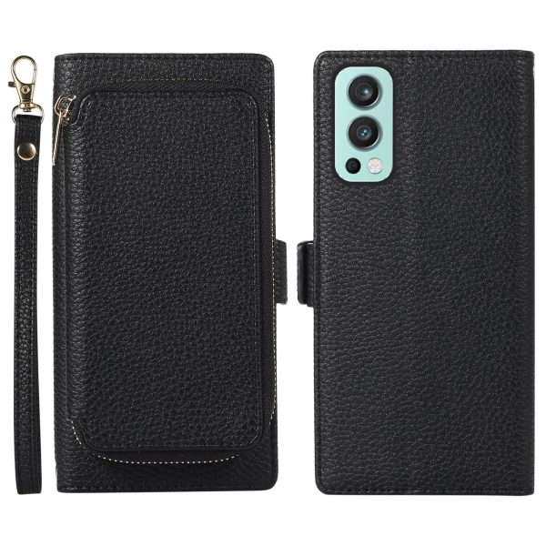 For OnePlus Nord 2 5G Magnetic Detachable Zipper Card Bag 2-in-1 Litchi Texture PU Leather Cover Overall Coverage Phone Stand Wallet Case with Strap Online