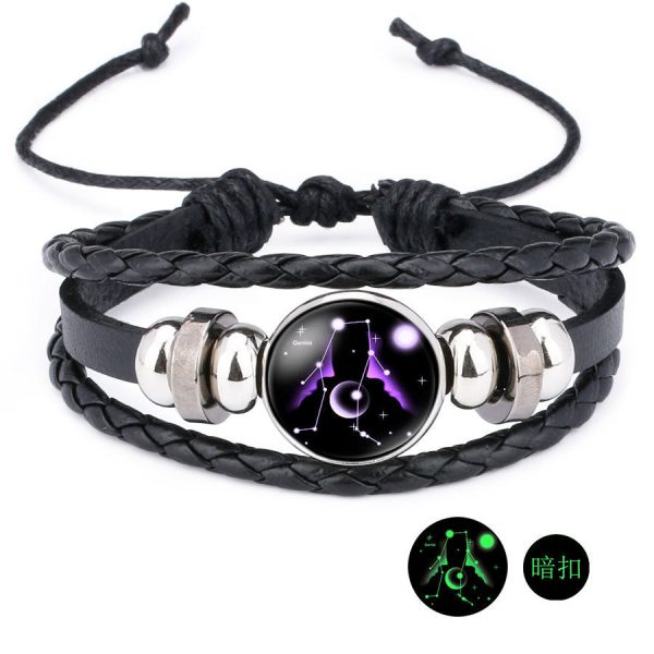 12 Zodiac Constellation Luminous Time Gemstone Leather Bracelet Punk Chain Cuff Sale